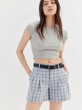 Urban Outfitters Kennedy Shorts light blue check pattern.